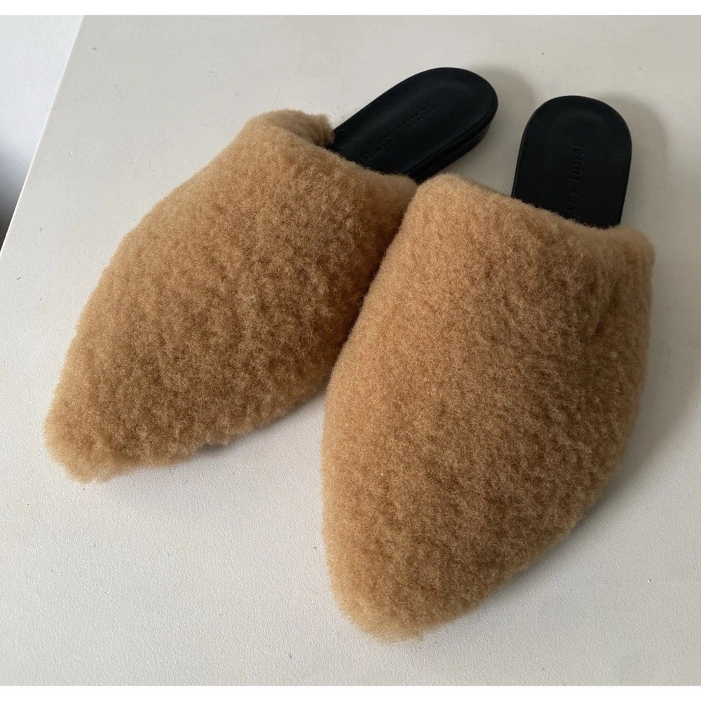 Jenni Kayne Shearling Mules US 7 EU 37 Tan Fur Slides Italy Quite Luxury